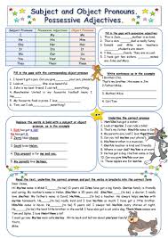 Subject And Object Pronouns Possessive Adjectives English