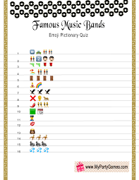 Coming up are 50 music trivia questions, including a really fun printable picture round featuring famous bands and music acts. Free Printable Famous Music Bands Emoji Pictionary Quiz