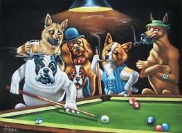Dogs playing poker, by cassius marcellus coolidge, refers collectively to an 1894 painting, a 1903 series of sixteen oil paintings commissioned by brown & bigelow to advertise cigars, and a 1910 painting. Dogs Playing Pool Poker Card Smoking Art Coolidge 18 X24 Velvet Oil Paint J064x Ebay