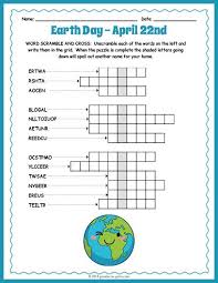 Currently featuring word searches and cuddly critters(tm) cute cartoon animal coloring pages. Free Printable Earth Day Word Scramble And Crossword Earth Day Kids Worksheets Printables Earth Day Worksheets