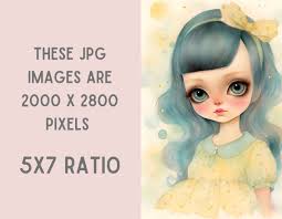 Aquarel vintage Big Eyed Girl clipart blauw en geel meisje JPG digitale  afbeelding downloaden voor kaarten maken Scrapbook Junk Journal Paper Craft 