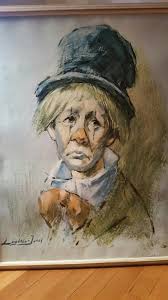 Barry Leighton Jones Sad Clown In Top Hat Oil Canvas Signed 22 x 28 Vintage  Art