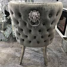 Crush velvet dining chair quilted back with studs chrome legs high quality steel chrome lion knocker available in black and grey 10+ chairs available collected from birmingham (b66) next day delivery available at a small fee please get in contact. Diana Wide Grey Velvet And Chrome Dining Chair With Lion Ring Knocker Picture Perfect Home