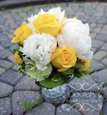 Maybe you would like to learn more about one of these? Fresh White Peonies Yellow Roses Light Green Carnations And Yellow Button Mums Bridesmaid Bouquet Top View Secrets Floral Collection