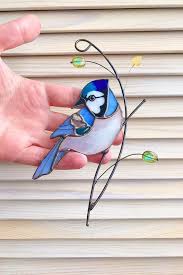 Bird Sitting On Window Sill Meaning Geai Bleu Vitrail Oiseau Suncatcher Cadeau Etsy In 2020 Stained Glass Birds Stained Glass Suncatchers Stained Glass Patterns