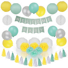 Spotlight Decor Gender Neutral Baby Shower Decorations Set With Welcome Banner Pastel Party Decorations Color Theme Mint Green Balloons Yellow And White Pearl Balloons Tissue Paper Flowers Buy Online In Bermuda At