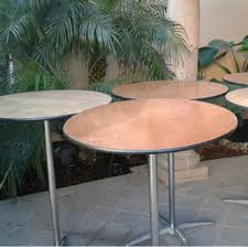 These airport tables are perfect for mingling and networking, these cocktail tables are 42″ high and 30″ high and are available in 3 sizes 24″, 30″, and 36″ tops. 30 Round Highboy Cocktail Table Rentals Big Blue Sky Party Rentals