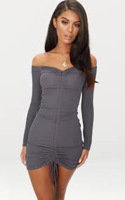 Charcoal Grey Ribbed Long Sleeve Bardot Ruched Bodycon Dress Body Con Dress Outfit Bodycon Dress Ruched Bodycon Dress