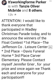 Wadley parade was awesome. Davis Funeral Home won 2nd place. Thank you,,  Charles Strowbridge (and your village) Jimmie Wiley, Andre' Hannah , Tanzie  Oliver Mcbride , Marilyn Farmer , Bailey Hannah, Timothy