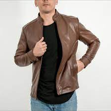 Classic Brown Leather Jacket Slim Fit Brown Leather Jacket Men Black Shirt Combination Leather Jacket
