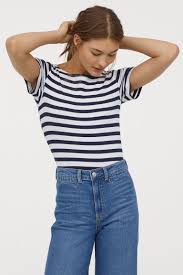 Kayik Yakali Tisort Kadin Mavi Ve Pamuk