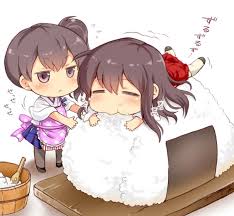 2girls Akagi Kantai Collection Apron Black Eyes Black Hair Chibi Closed Eyes Commentary Request Eating Flying Sweatdrops Food Kantai Collection Kaga Chibi