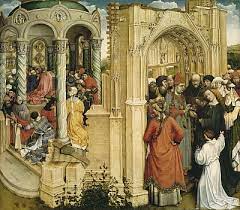 The three panels represent, from left to right, the donors kneeling in prayer in a garden, the moment of the annunciation to mary, which is set in a contemporary. Kunstdrucke Von Robert Campin