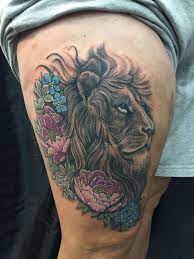 Miscarriages This Tattoo I Just Got Represents Strength In The Lion The Blue Flowers Are For Get Me Nots The W Lion Flower Tattoo Fonts Generator Tattoos