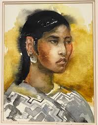 Maravilloso retrato en acuarela enmarcado y esmaltado titulado Indian Girl  de Michael Little