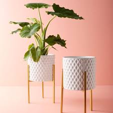 Modern, traditional, eclectic, rustic, glam, farmhouse, country White Geometric Ceramic Planter With Golden Stand Ceramic Planters Plant Decor Indoor Planters