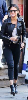 Who Made Selena Gomez S Black Leather Jacket Skinny Jeans And Sunglasses Celebrities Leather Jacket Trendy Fashion Leather Jacket
