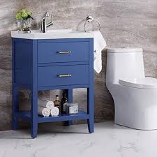 The choice for a double or single sink bathroom vanity is primarily influenced by the available space in the bathroom, among other factors such as the number of people sharing the bathroom and their personal space preference and selling power and decision. Small Bathroom Vanity With Sink 24 Modern Bathroom Sink Vanity With Storage F R Bathroom Vanity 24 Navy Blue Mirror Not Included Tools Home Improvement Bathroom Sink Vanities Accessories