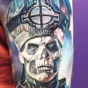 Tobias forge from swedish rock band ghost, 2 color realistic tattoo style done by tattoo artist paul acker | post 27994. Tobiasforge Tags Tattoo Ideas World Tattoo Gallery