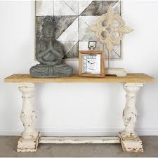 A Rustic Wood Table With Elegant Tapered Stands The Table Legs Feauture A Distressed White Paint While Th In 2020 White Console Table Console Table Gray Console Table