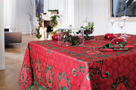 Winter Table Linen Collection Elegant French Tablecloth For Christmas And The Holiday Season Desig Christmas Table Cloth Christmas Table Linen Red Tablecloth