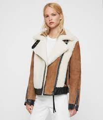 Allsaints Us Womens Elia Shearling Biker Jacket Toffee Chalk White Leather Jackets Women Fur Leather Jacket Shearling Jacket