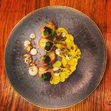 As part of a research project on food. Roast Scallops Cauliflower Caraway Puree Caramelised White Chocolate Lime Emulsion L Ortolan Scallop French Cuisine Cuisine Caramelized White Chocolate