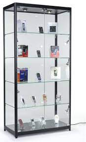 Check spelling or type a new query. 40 Display Case W Halogen Top Side Lights 4 Fixed Shelves Hinged Doors Black Glass Curio Cabinets Glass Cabinets Display Glass Shelves