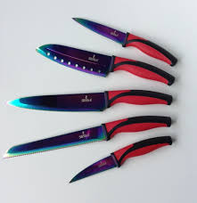 Silislick Kitchen Knife Set 5 Elegant Chef Knives Rainbow Blades Red Handle Chef Knife Knife Sets Knife