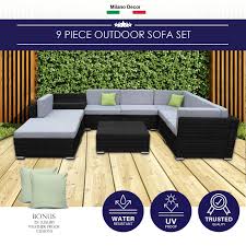 Milano 9 Piece Wicker Rattan Sofa Set Black Grey Outdoor Lounge Patio Furniture Black Furniture Grey Lou Rattan Outdoor Furniture Outdoor Lounge Rattan Sofa