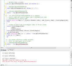 Select name into :vars separated by ' ' from dictionary.columns where libname eq 'work' and memname eq 'old' order by name; Sql Server Table Variable Example