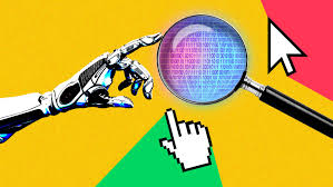 Uma representação visual de busca digital, com uma lupa sobre dados processados por redes neurais, simbolizando a transição da pesquisa tradicional para a IA.