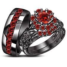 14k Black Gold 925 Silver Red Garnet Wedding His Her Trio Bridal Ring Set 2jewelauction Wedding Ring Trio Sets Ruby Wedding Rings Black Gold Ring