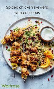 Deliciously Succulent Spiced Chicken Skewers On A Bed Of Pomegranate Couscous And Rocket Find The Recipe On The Waitr Chicken Spices Bbq Recipes Waitrose Food