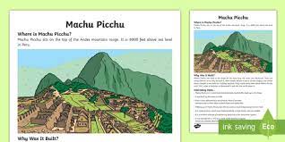 What does machu picchu looke like? Machu Picchu Fact File Seven Wonders