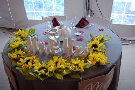 Sweetheart Table For A Fall Wedding Featuring Sunflowers Mr And Mrs Wood Cutouts Wedding Table Decorations Diy Sweetheart Table Decor Sweetheart Table Wedding