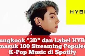 100 Lagu K-Pop Paling Banyak di-Streaming di Spotify Tahun 2023 Hanya Milik  12 Label Berbeda, HYBE: '3D' Jungkook Masuk dalam Daftar!