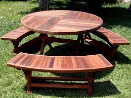 Shop furniture, home décor, cookware & more! Outdoor Round Wooden Picnic Tables With Umbrella Hole And Detached Benches Ideas Round Picnic Table Round Patio Table Wooden Picnic Tables