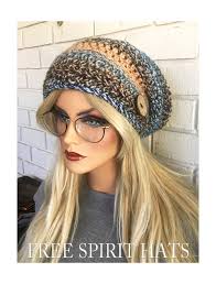 Boho Slouchy Hat, Tan and Blue Stripes Slouchy Beanie, Winter Hat, Women's  Accessories, Gifts for Teens, Slouchy Hat With Button, Crocheted