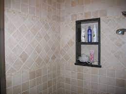 Shower Tumbled Marble 4x4 With Mosaic Border Granite Curb And Recessed Shampoo Shelf Shower Flooring Shelves