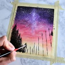 Felt Like Painting A Classic Night Sky Piece Today And Went With Pink Sunset Colors Here Is The Process Video Of How I Paint Art Painting Galaxy Painting Art
