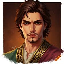 Attractive dark-skinned Arabic man with long hair, eyeliner, and amber lion  eyes in desert garb.