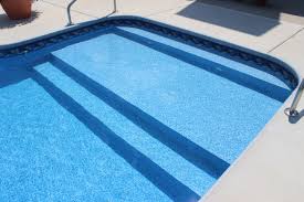 In Ground Vinyl Liner Swimming Pool With Full Width Steps Custom Sun Deck And Deck Jets Raft To Rafters Pool A Pool Steps Inground Pool Steps Inground Pools