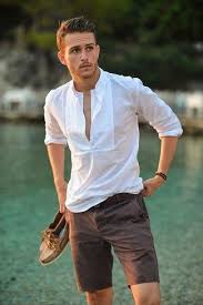 Black And White Shorts Outfit Men Men S White Linen Long Sleeve Shirt Brown Shorts Brown Leather Boat Shoes Dark Brown Leather Belt Mens Summer Outfits Stylish Men Mens Fashion Summer