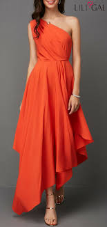 Asymmetric Hem One Shoulder Orange Red Dress Liligal Dresses Womenswear Womensfashion Fashion Dresses Shop Casual Dresses Western Dresses