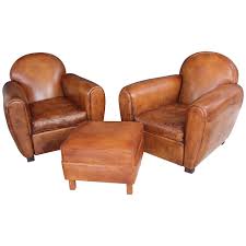 Pair Of New French Leather Club Chairs With Ottoman 1stdibs Com