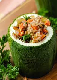 Summer zucchini hollowed out and stuffed with shredded chicken, enchilada sauce, cheese and scallions. Vegan Stuffed Zucchini With Quinoa And Walnuts Keeping The Peas