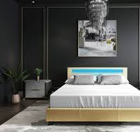 Cama moderna e contemporânea de couro sintético estofado com luzes de LED  ajustáveis – Cama moderna de couro sintético – Moldura de cama com  cabeceira ...