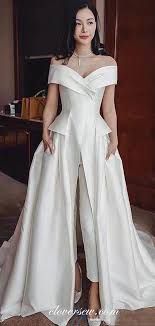 Off The Shoulder Satin Two Piece Pants Wedding Dresses Cw0089 Clover Sew In 2020 Two Piece Wedding Dress Pleated Party Dress Evening Dresses For Weddings