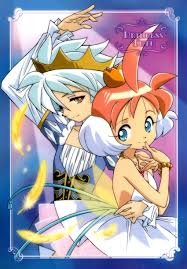 ahiru (princess tutu), mytho (princess tutu), princess tutu (character),  siegfried (princess tutu), princess tutu, highres, official art, scan,  1boy, 1girl, ahoge, ballerina, bare shoulders, blue eyes, border, bracelet,  character name, copyright name, crown, falling ...